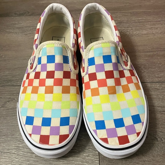 Vans Asher Canvas Slip On Sneakers Sz 8 White Rainbow Checkerboard - Picture 5 of 14